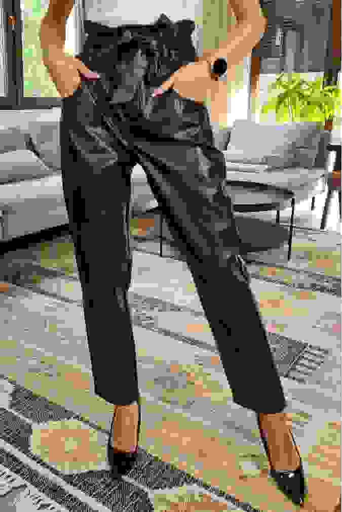 Spodnie K9061 wysoki stan eco skóra VIOLET czarne