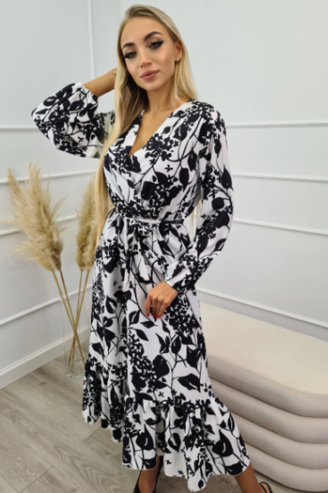 Sukienka A812 maxi wiązana w talii COMO czarno-biała