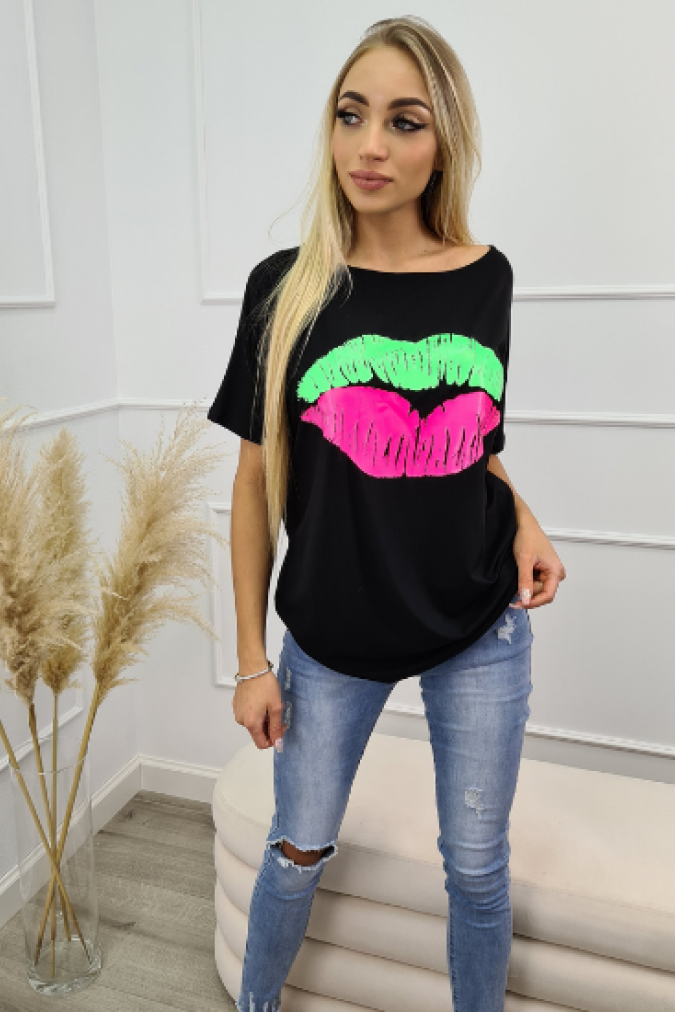 Bluzka 9749 neonowy nadruk usta FEZ czarna