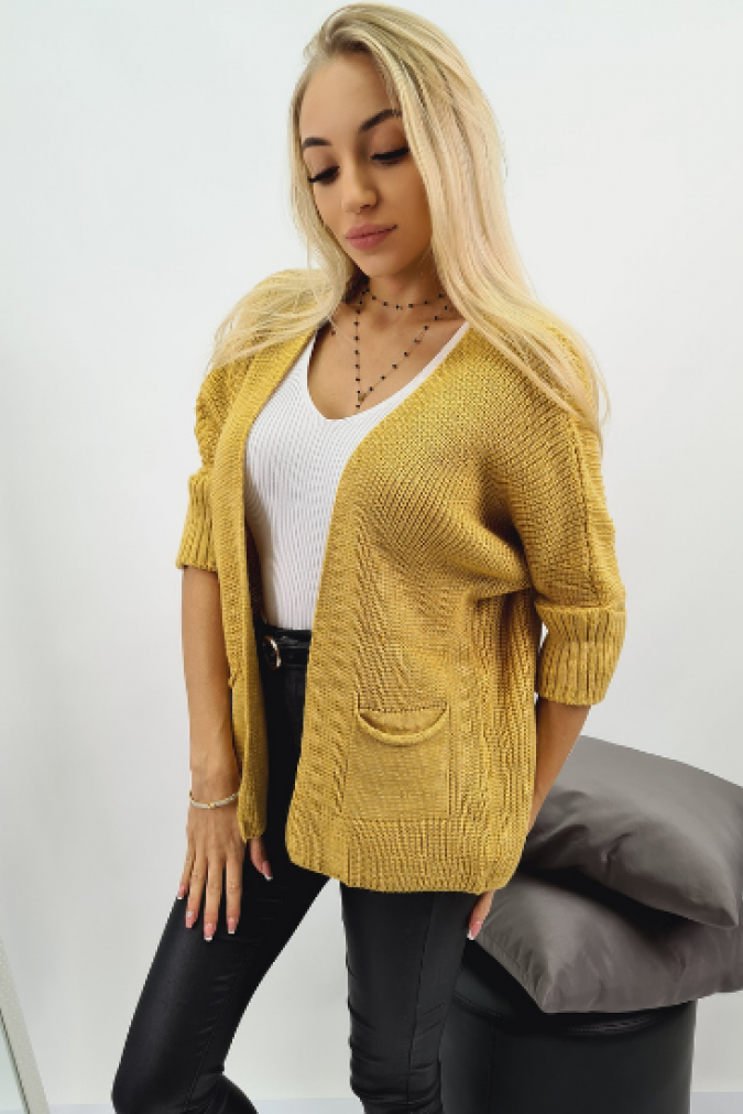 Kardigan 3555 krótki z kieszeniami RORI musztardowy