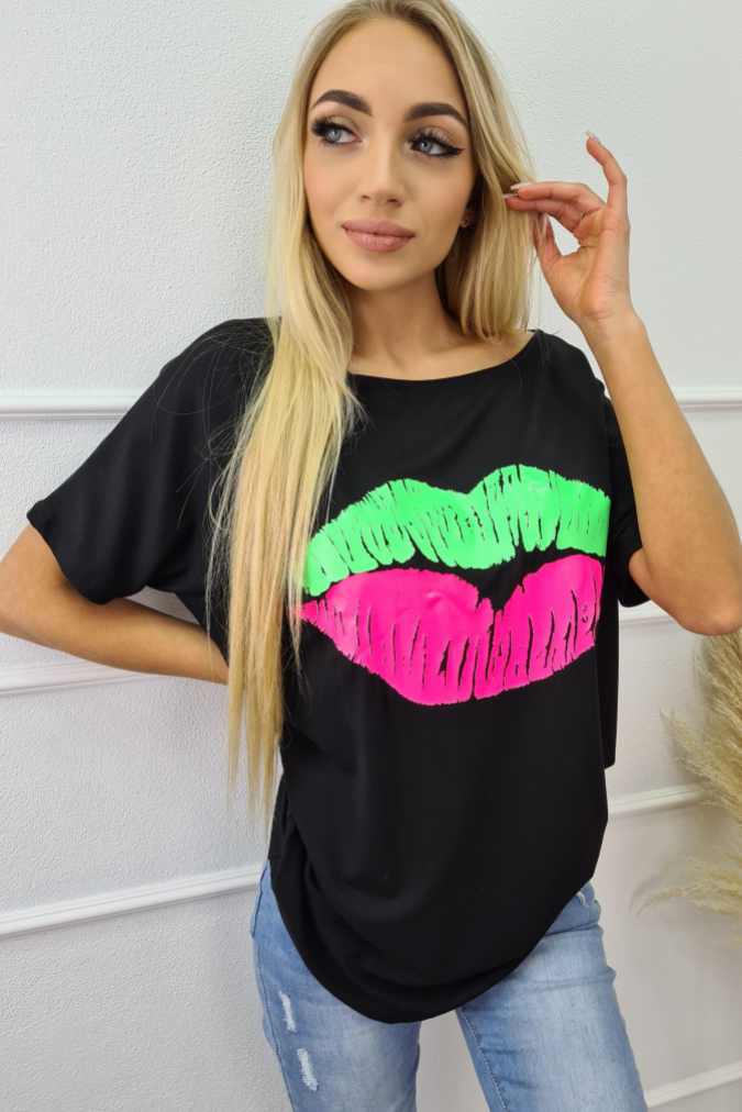 Bluzka 9749 neonowy nadruk usta FEZ czarna