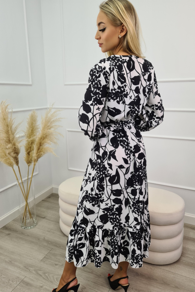 Sukienka A812 maxi wiązana w talii COMO czarno-biała