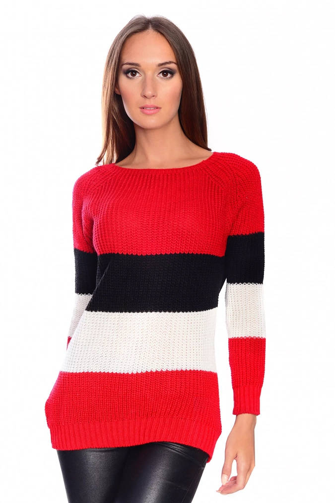 Sweter 0034-2 - Czerwony +czarny +ecru