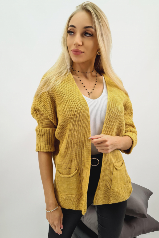 Kardigan 3555 krótki z kieszeniami RORI musztardowy