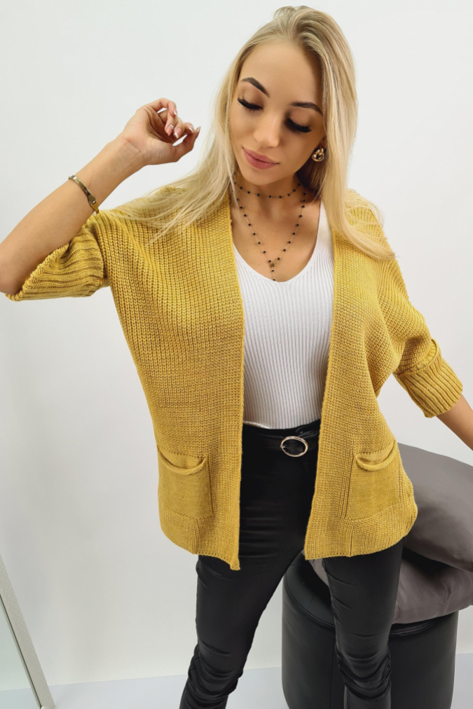 Kardigan 3555 krótki z kieszeniami RORI musztardowy