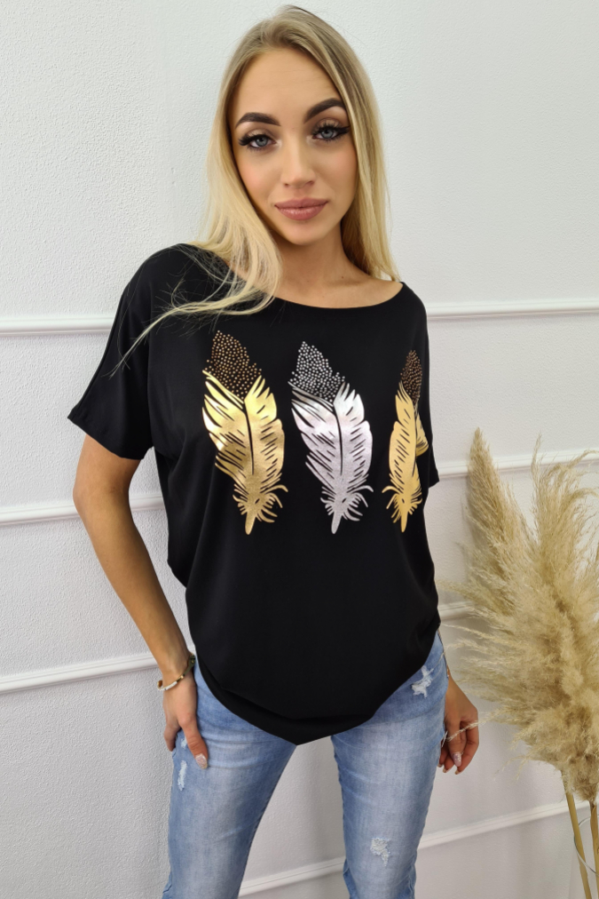 Bluzka 9740 nadruk piórka SHINE czarna