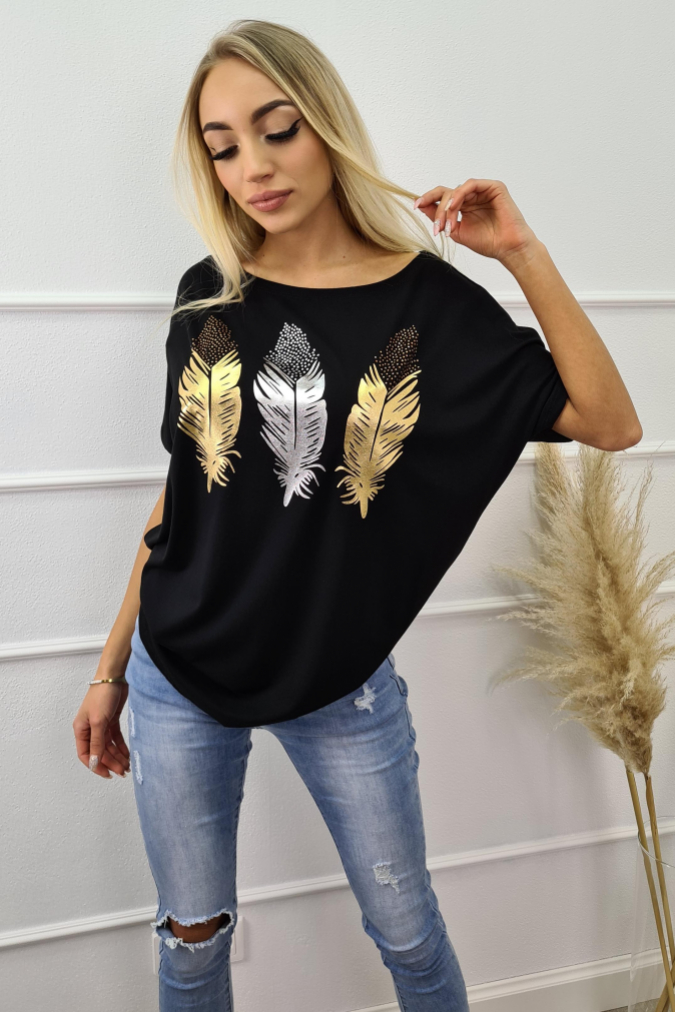 Bluzka 9740 nadruk piórka SHINE czarna