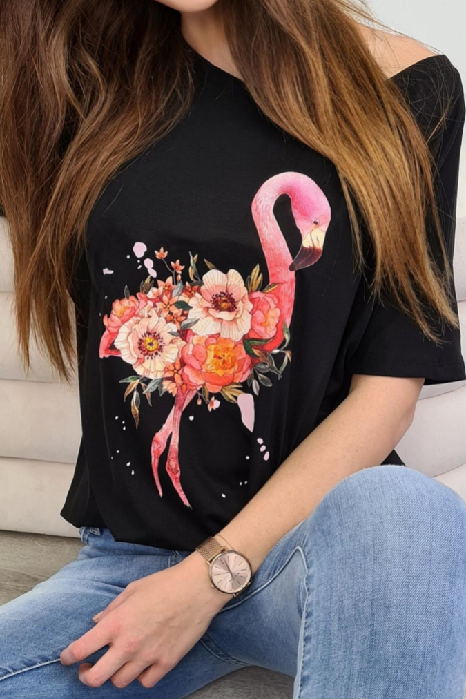 Bluzka 9798 kolorowy nadruk FLAMINGO czarna