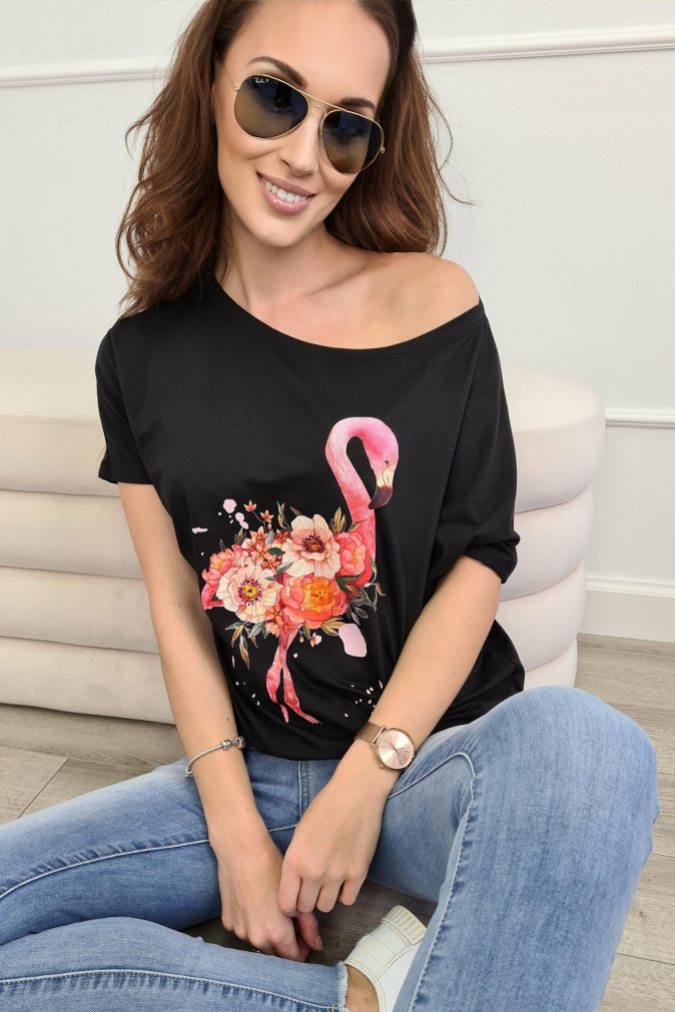 Bluzka 9798 kolorowy nadruk FLAMINGO czarna