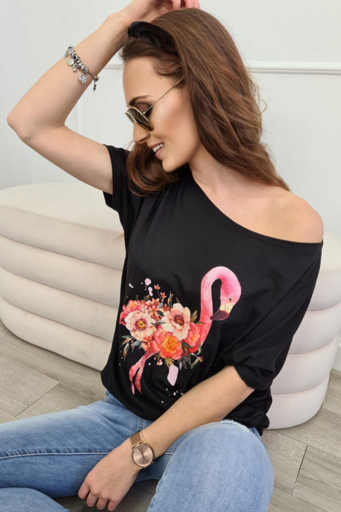 Bluzka 9798 kolorowy nadruk FLAMINGO czarna