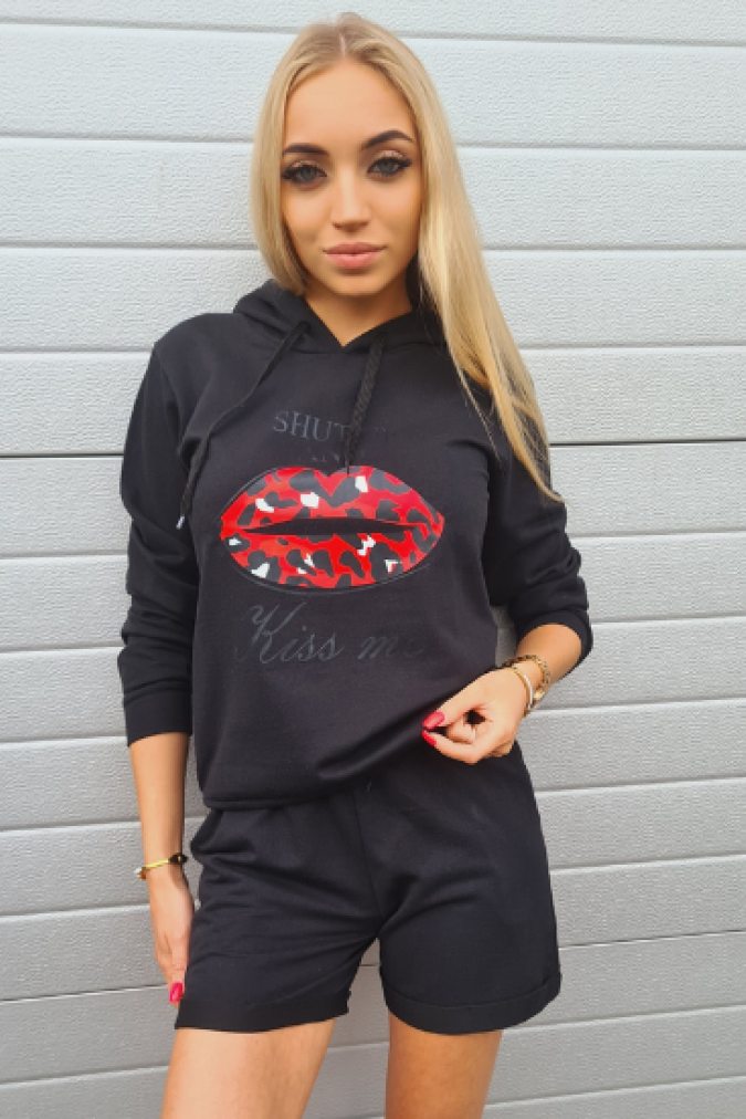 Bluza S198 czerwone usta KISS czarna