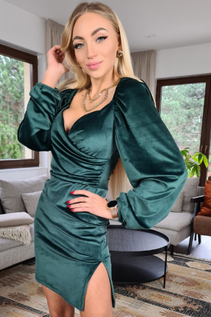 Sukienka 355 welurowa mini SANO butelkowa zieleń