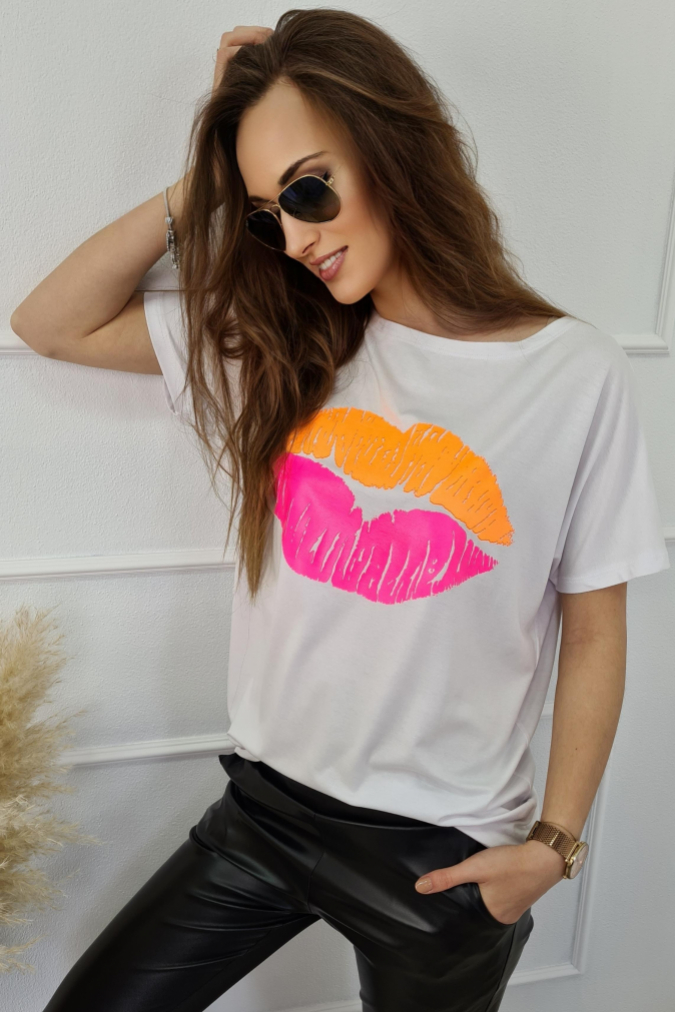 Bluzka 9750 pomarańczowe usta TRANI biała