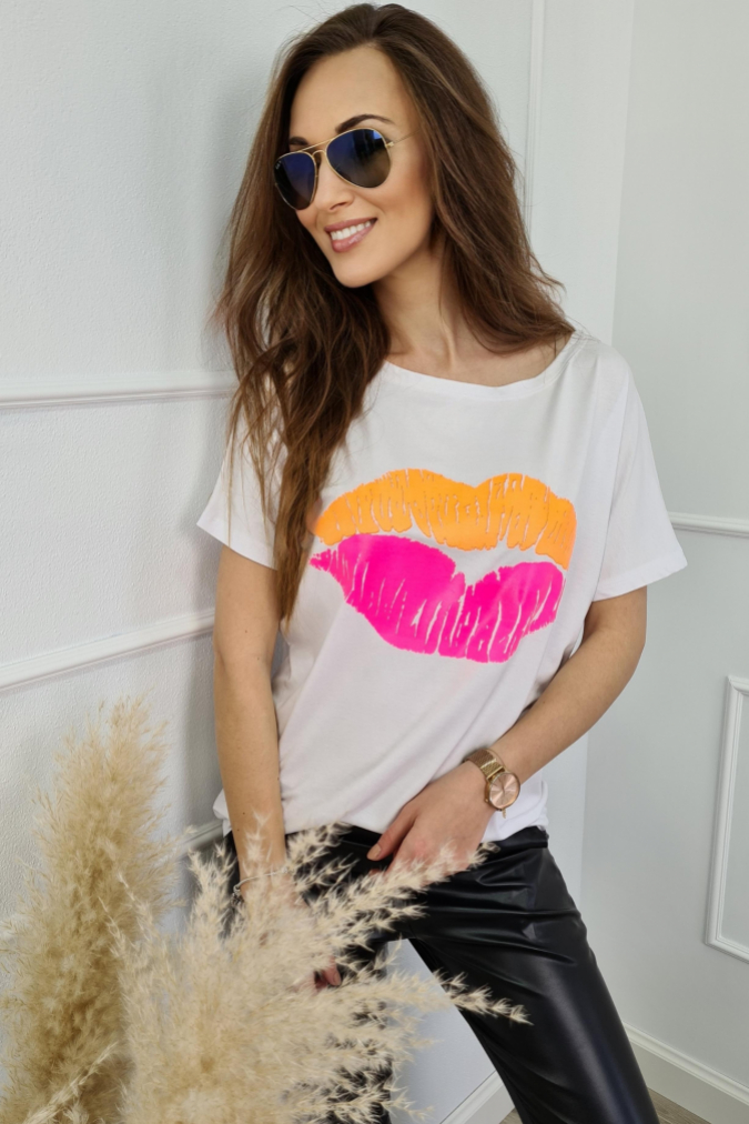 Bluzka 9750 pomarańczowe usta TRANI biała