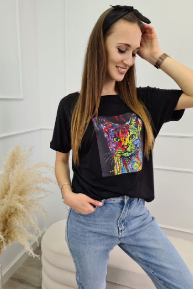 Bluzka 9781 malowany kot TRESSA czarna