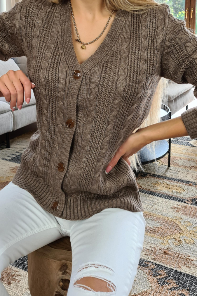 Kardigan sweter 0820 splot warkocz LARA cappuccino