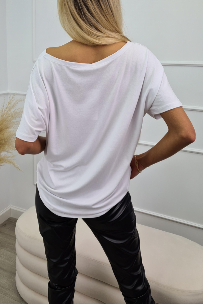 Bluzka 9740 nadruk piórka SHINE biała