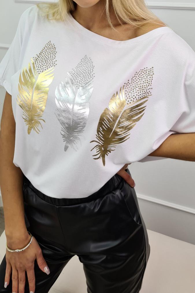 Bluzka 9740 nadruk piórka SHINE biała