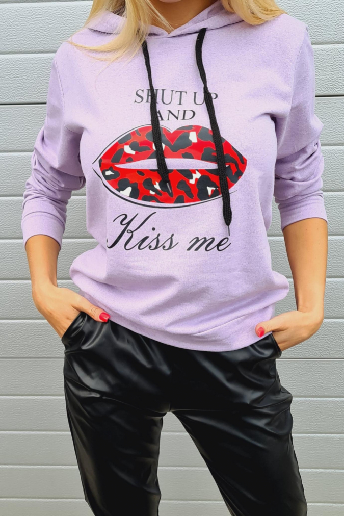 Bluza S198 czerwone usta KISS wrzosowa