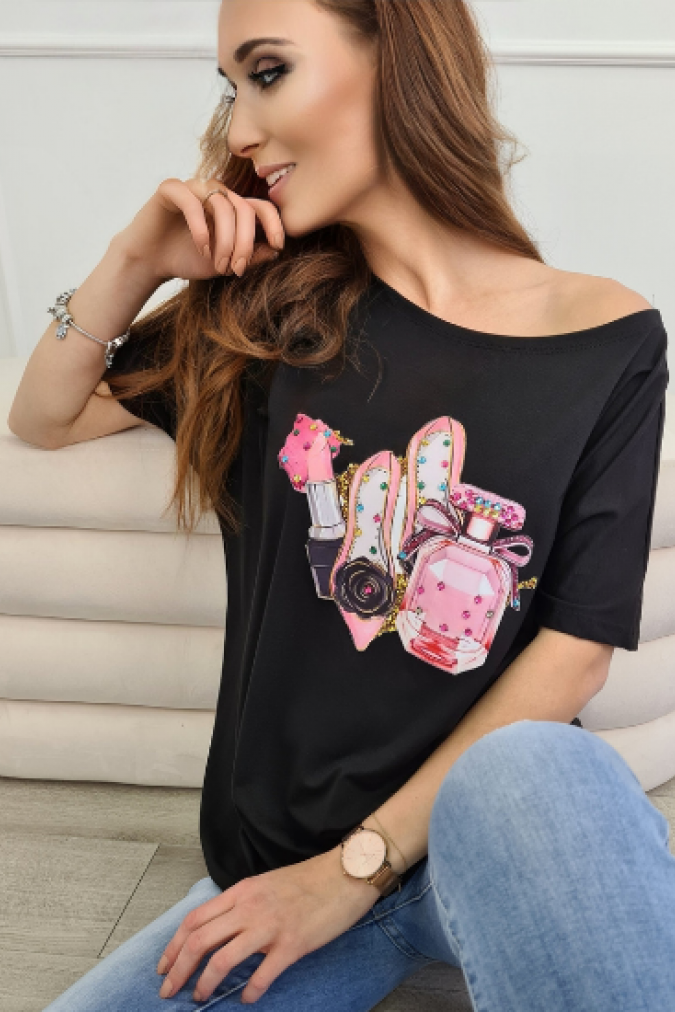 Bluzka 9753 print z cyrkoniami TAVIRA czarna