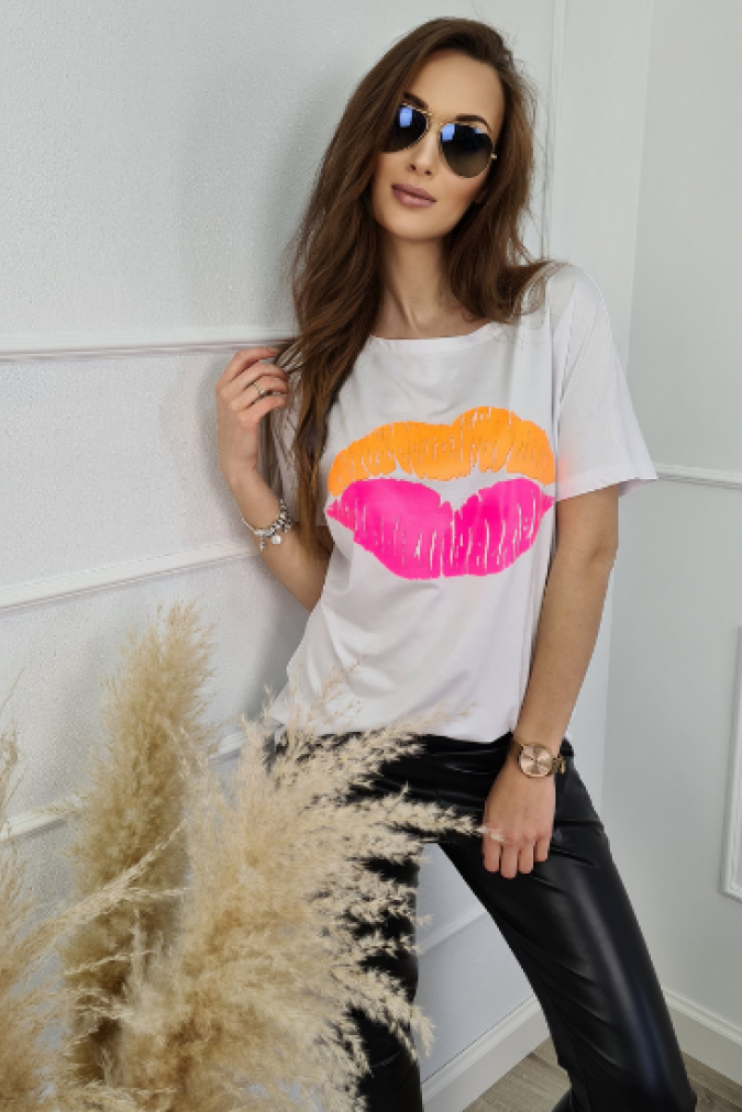 Bluzka 9750 pomarańczowe usta TRANI biała
