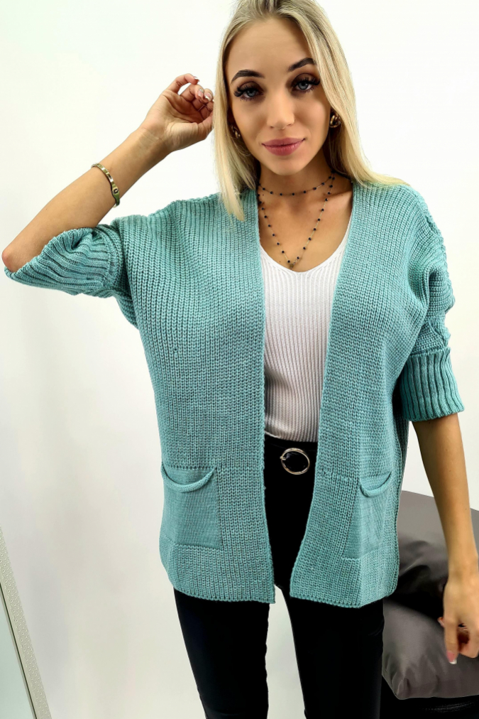 Kardigan 3555 krótki z kieszeniami RORI miętowy