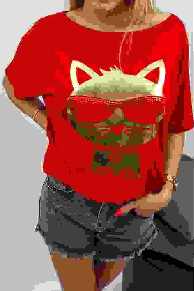 Bluzka 9558 złoty nadruk kota w okularach czerwona