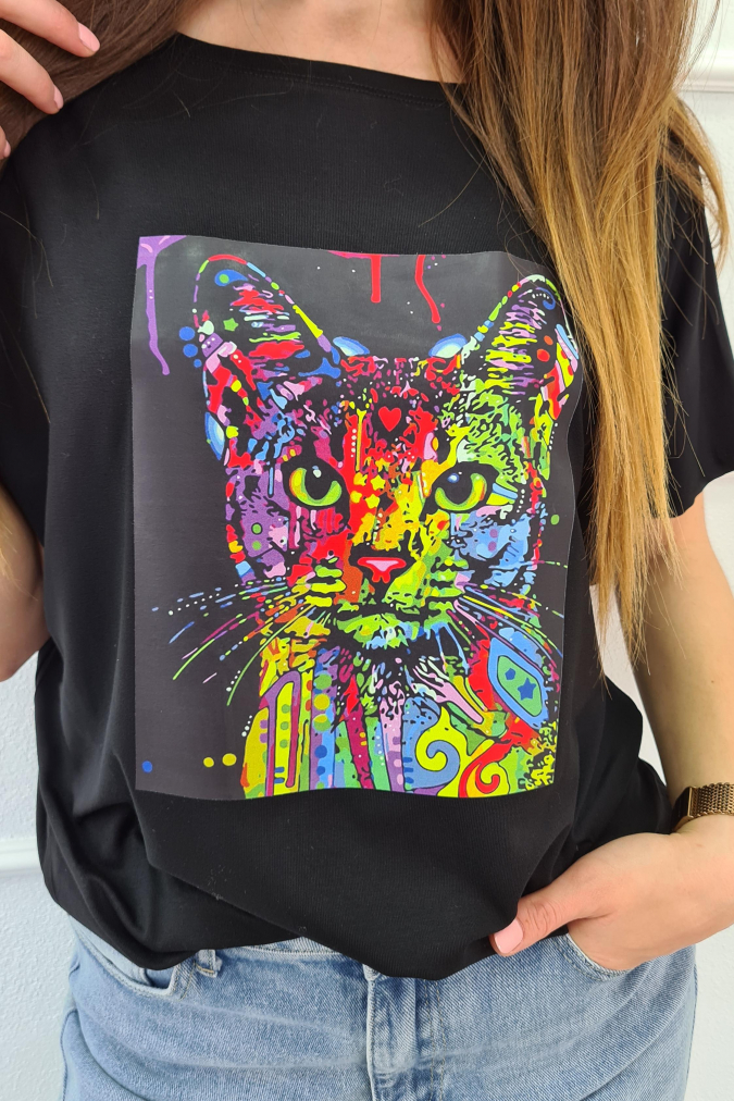 Bluzka 9781 malowany kot TRESSA czarna