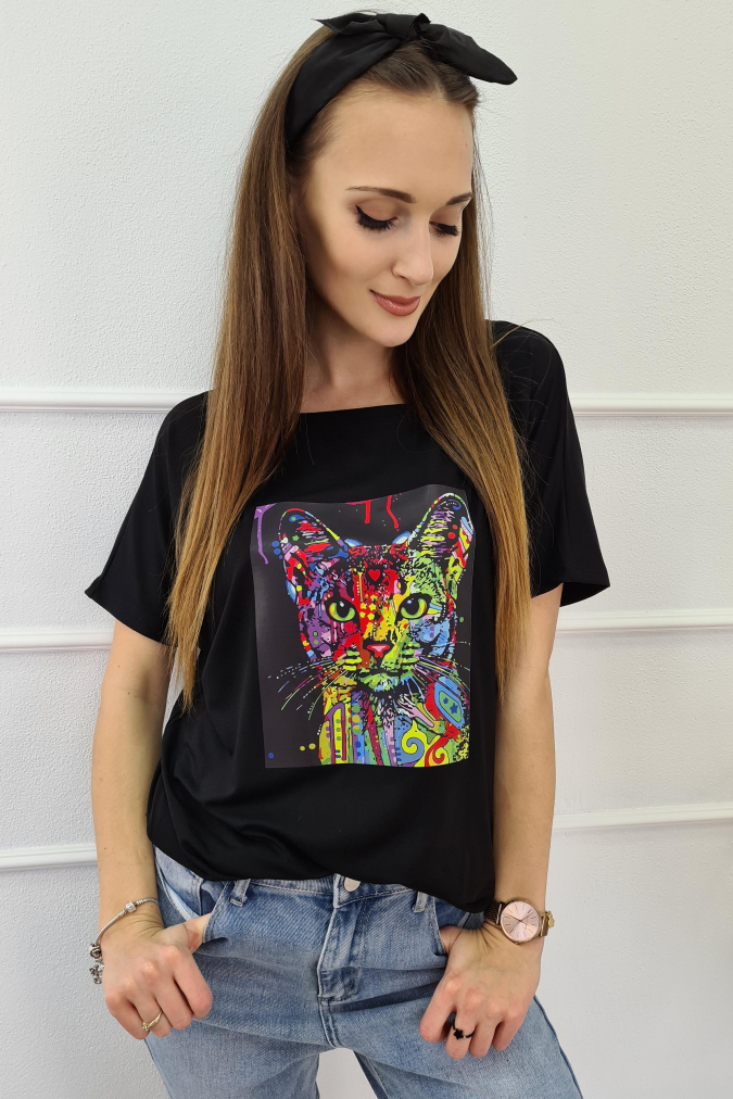 Bluzka 9781 malowany kot TRESSA czarna