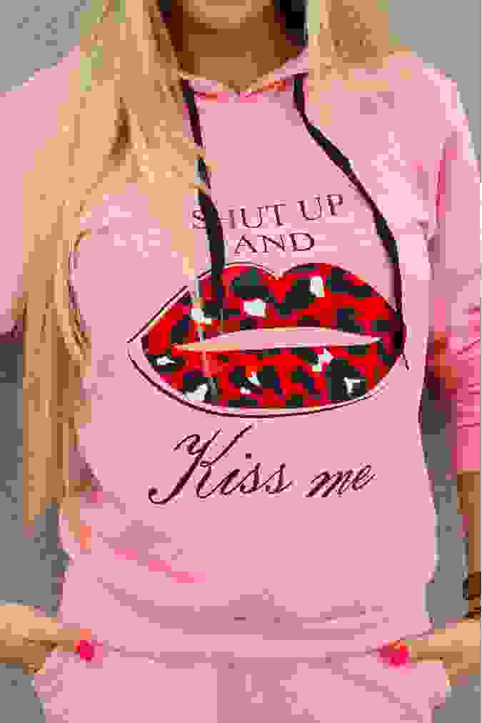 Bluza S198 czerwone usta KISS różowa 