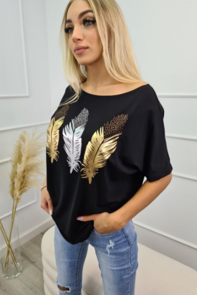 Bluzka 9740 nadruk piórka SHINE czarna