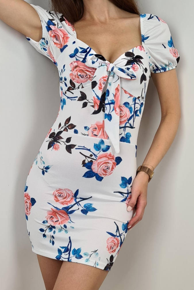 Sukienka 1154 bufiaste rękawy RESTA duże czerwone róże