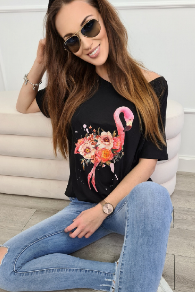 Bluzka 9798 kolorowy nadruk FLAMINGO czarna