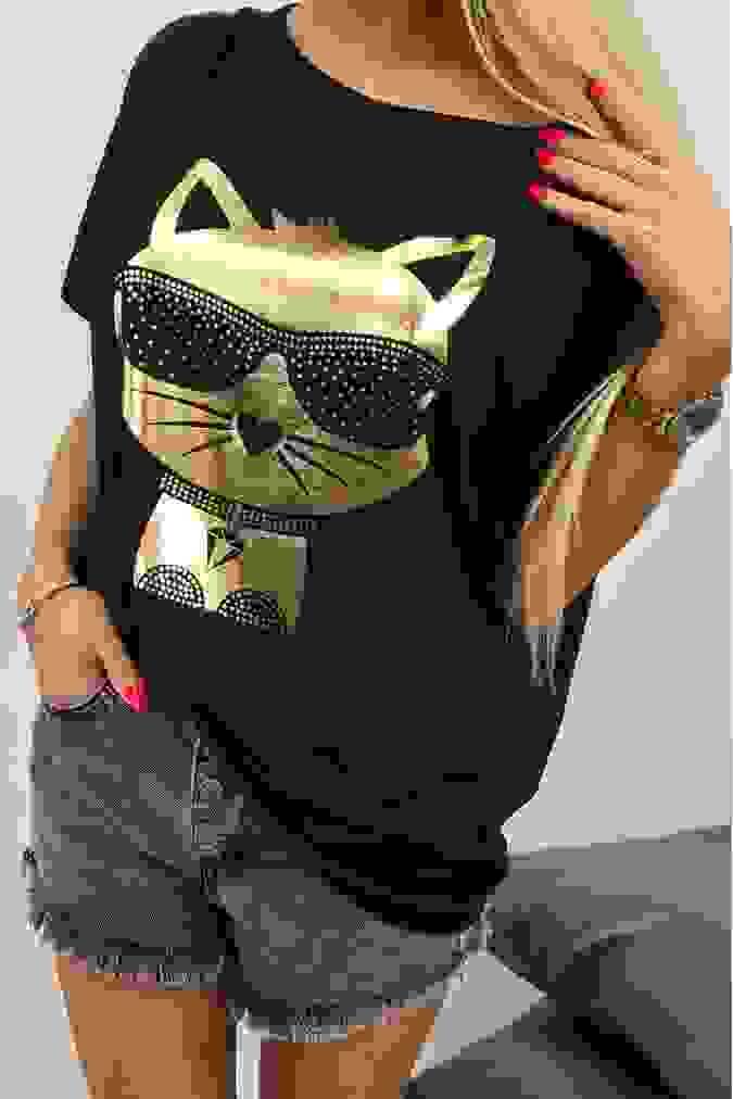 Bluzka 9558 złoty nadruk kota w okularach czarna