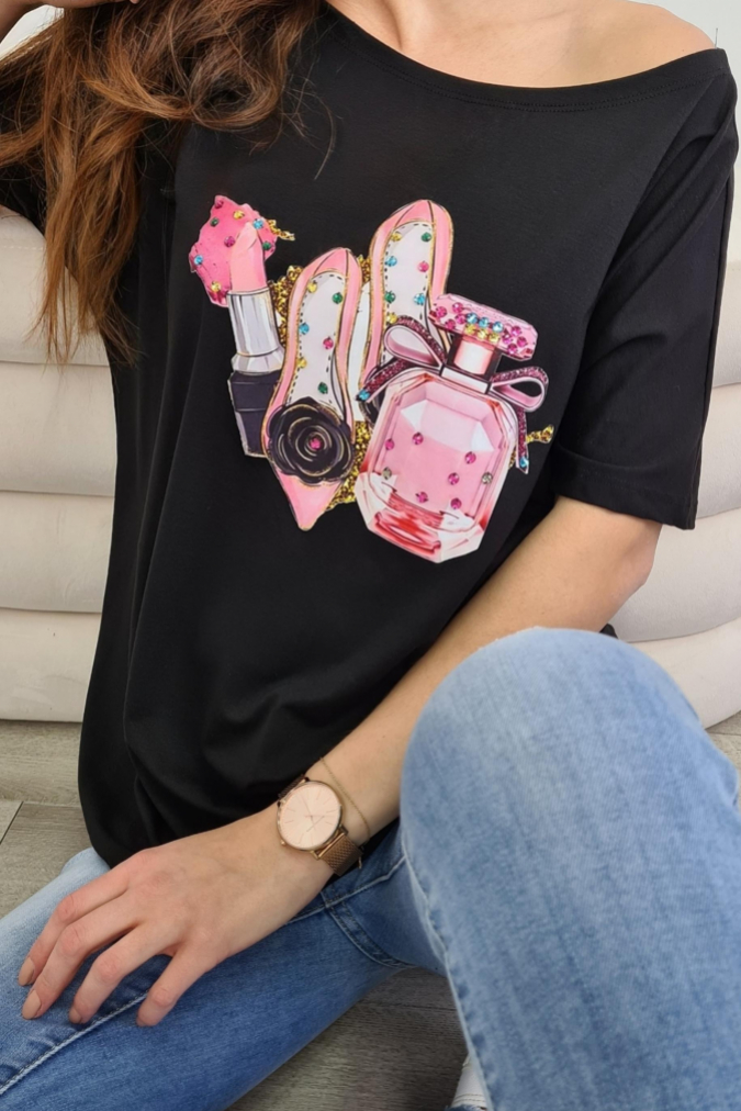 Bluzka 9753 print z cyrkoniami TAVIRA czarna