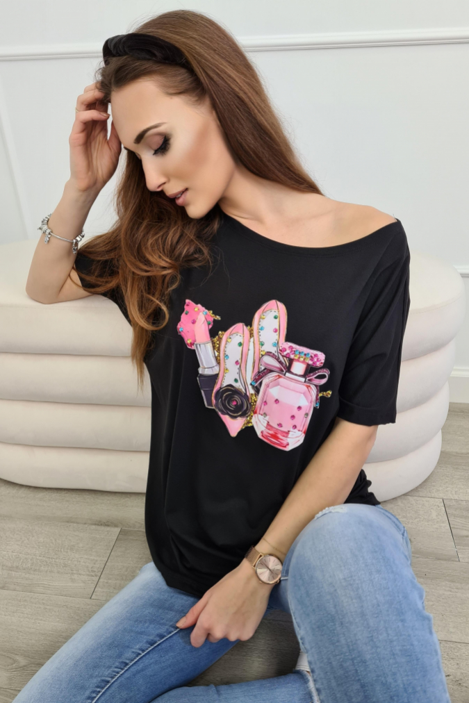 Bluzka 9753 print z cyrkoniami TAVIRA czarna