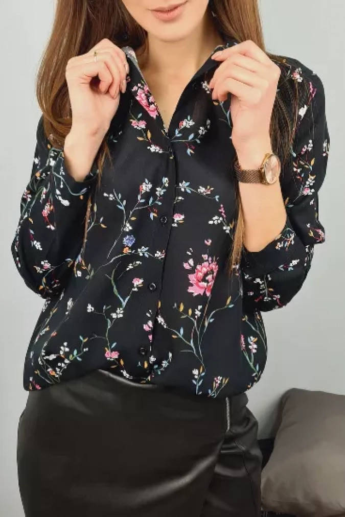 Koszula 0010 czarna w kolorowe kwiaty