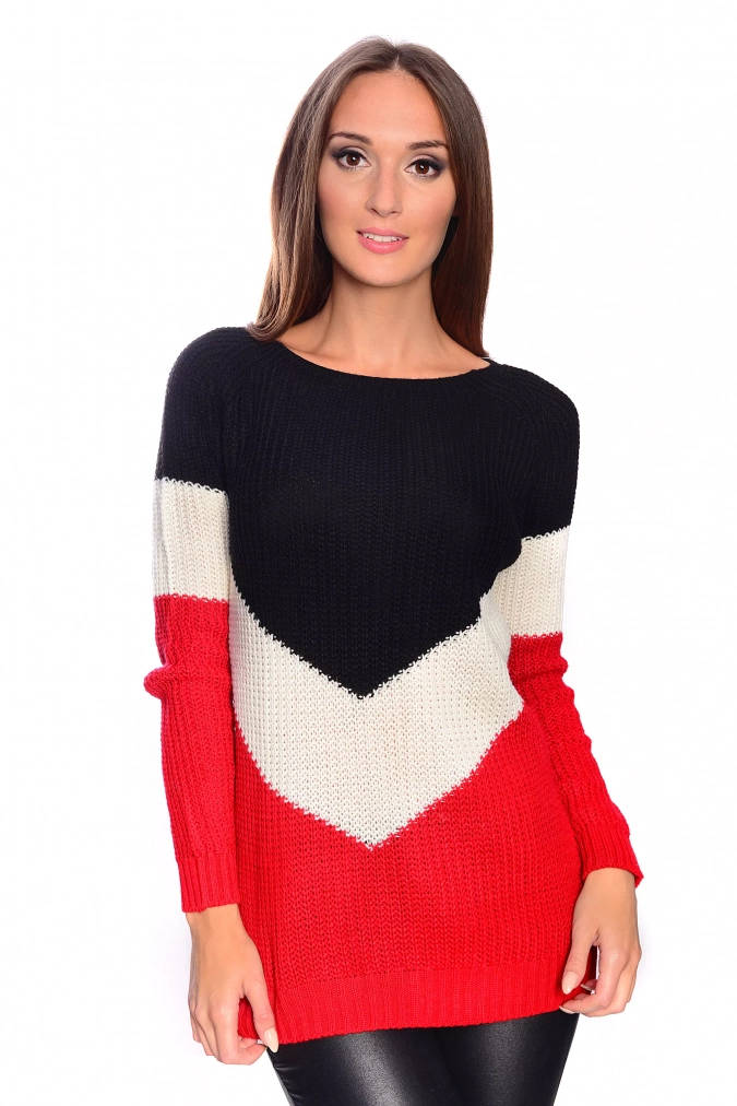 Sweter 0034-1 - Czarny + ecru +czerwony